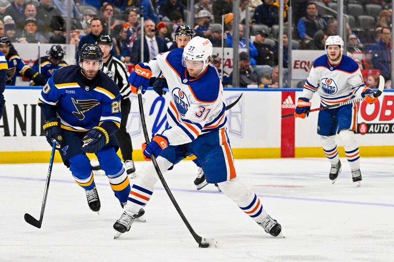 Feb 15, 2024; St. Louis, Missouri, USA;  Edmonton Oilers left wing Warren Foegele (37) shoots against the St. Louis Blues during the third period at Enterprise Center. Mandatory Credit: Jeff Curry-USA TODAY Sports