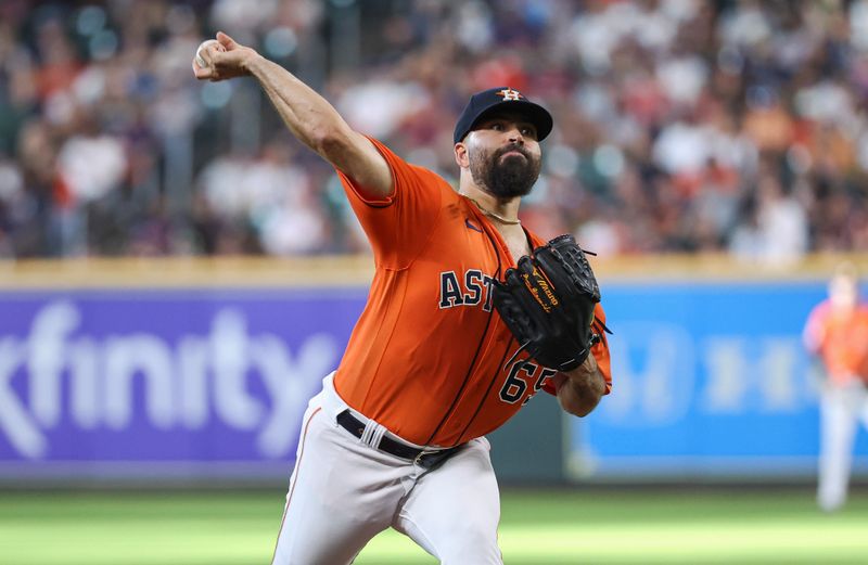 Apr 30, 2023; Houston, Texas, USA; Houston Astros starting pitcher Jose Urquidy (65) delivers a pitch during the second inning against the Philadelphia Phillies at Minute Maid Park. Mandatory Credit: Troy Taormina-USA TODAY Sports