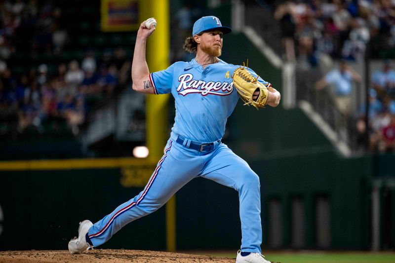 Sep 3, 2023; Arlington, Texas, USA; Texas Rangers starting pitcher Jon Gray (22) pitches against the Minnesota Twins during the fourth inning at Globe Life Field. Mandatory Credit: Jerome Miron-USA TODAY Sports