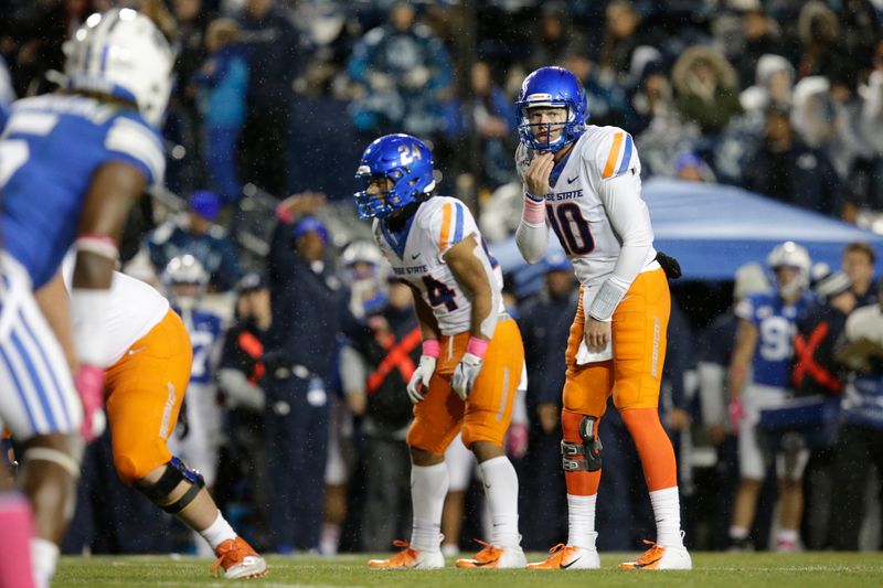 Oct 19, 2019; Provo, UT, USA; Boise State Broncos quarterback Chase Cord (10) prepares for the snap in the first quarter against the Brigham Young Cougars at LaVell Edwards Stadium. Mandatory Credit: Gabe Mayberry-USA TODAY Sports