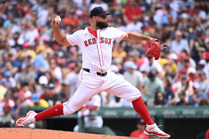 Aug 11, 2024; Boston, Massachusetts, USA; Boston Red Sox pitcher Luis Garcia (40) pitches against the Houston Astros during the fifth inning at Fenway Park. Mandatory Credit: Eric Canha-USA TODAY Sports