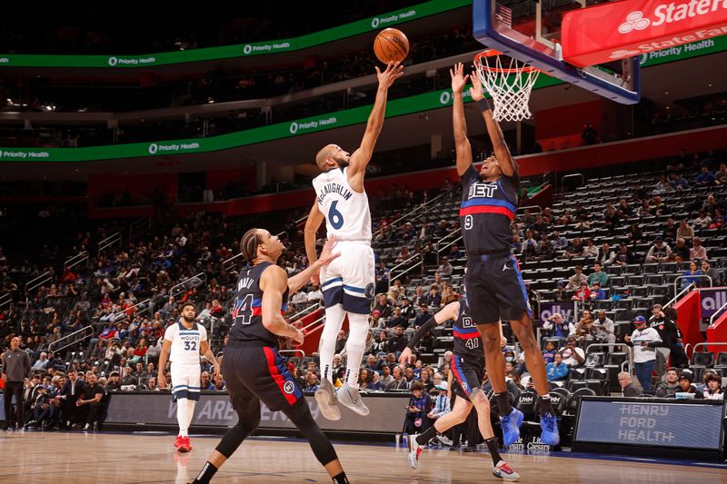 DETROIT, MI - JANUARY 17: Jordan McLaughlin #6 of the Minnesota Timberwolves shoots the ball during the game against the Detroit Pistons on January 17, 2024 at Little Caesars Arena in Detroit, Michigan. NOTE TO USER: User expressly acknowledges and agrees that, by downloading and/or using this photograph, User is consenting to the terms and conditions of the Getty Images License Agreement. Mandatory Copyright Notice: Copyright 2024 NBAE (Photo by Brian Sevald/NBAE via Getty Images)