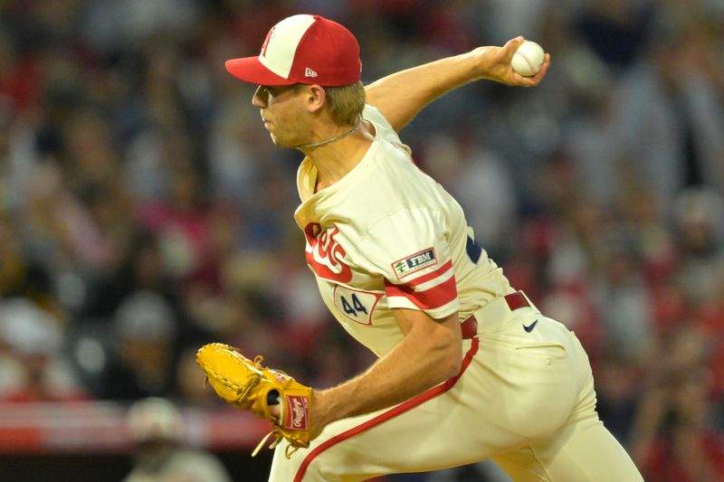 Jul 13, 2024; Anaheim, California, USA;  Ben Joyce #44 of the Los Angeles Angels delivers in the eighth inning against the Seattle Mariners at Angel Stadium. Mandatory Credit: Jayne Kamin-Oncea-USA TODAY Sports