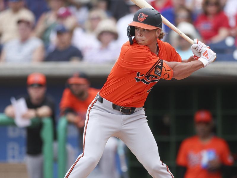 Mar 5, 2024; Clearwater, Florida, USA;  Baltimore Orioles shortstop Jackson Holiday (87) steps up to bat against the Philadelphia Phillies in the first inning at BayCare Ballpark. Mandatory Credit: Nathan Ray Seebeck-USA TODAY Sports