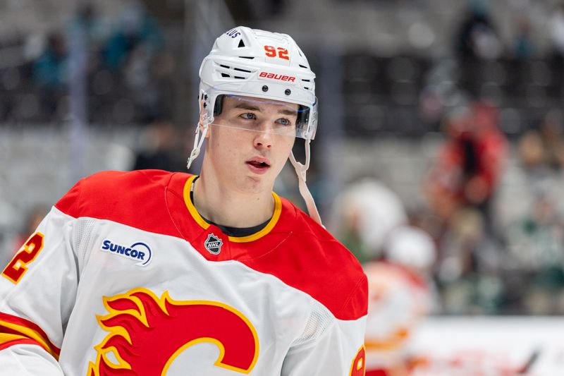 Feb 26, 2026; San Jose, California, USA; Calgary Flames right wing Matvei Gridin (92) warms up before the game against the San Jose Sharks at SAP Center at San Jose. Mandatory Credit: Bob Kupbens-Imagn Images