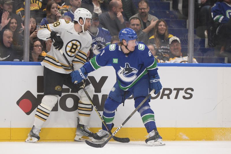 Feb 24, 2024; Vancouver, British Columbia, CAN;  Vancouver Canucks forward Brock Boeser (6) holds Boston Bruins defenseman Derek Forbort (28) stick during the first period at Rogers Arena. Mandatory Credit: Anne-Marie Sorvin-USA TODAY Sports