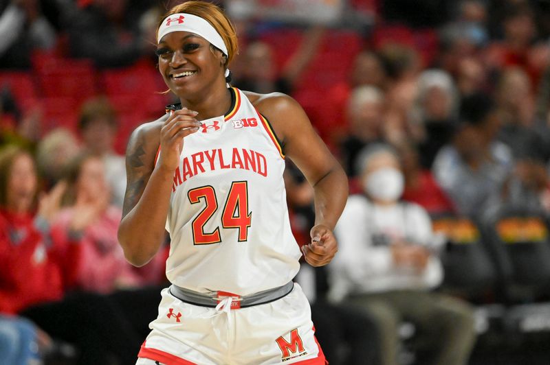 Feb 29, 2024; College Park, Maryland, USA;  Maryland Terrapins guard Bri McDaniel (24) reacts after scoring during the first half against the Wisconsin Badgers at Xfinity Center. Mandatory Credit: Tommy Gilligan-USA TODAY Sports