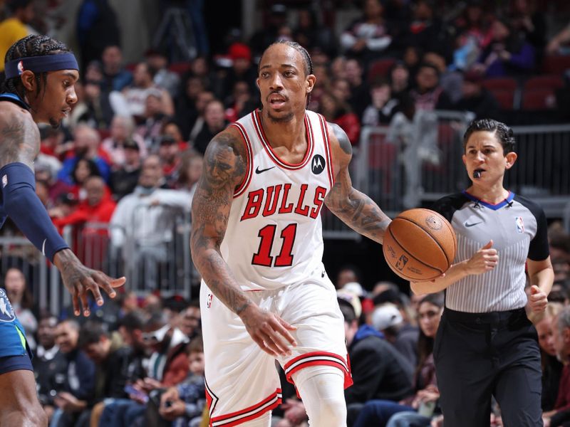 CHICAGO, IL - FEBRUARY 6: DeMar DeRozan #11 of the Chicago Bulls brings the ball up court during the game against the Minnesota Timberwolves on February 6, 2024 at United Center in Chicago, Illinois. NOTE TO USER: User expressly acknowledges and agrees that, by downloading and or using this photograph, User is consenting to the terms and conditions of the Getty Images License Agreement. Mandatory Copyright Notice: Copyright 2024 NBAE (Photo by Jeff Haynes/NBAE via Getty Images)