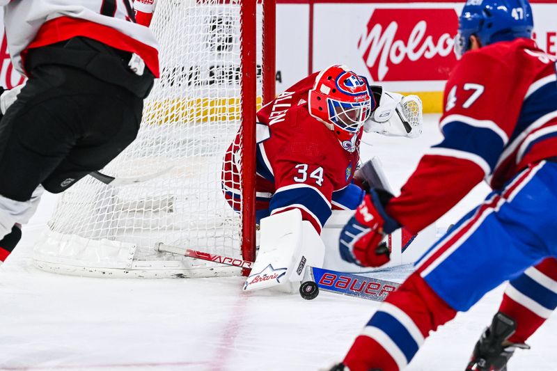 Jan 23, 2024; Montreal, Quebec, CAN; Montreal Canadiens goalie Jake Allen (34) makes a save against the Ottawa Senators during the third period at Bell Centre. Mandatory Credit: David Kirouac-USA TODAY Sports