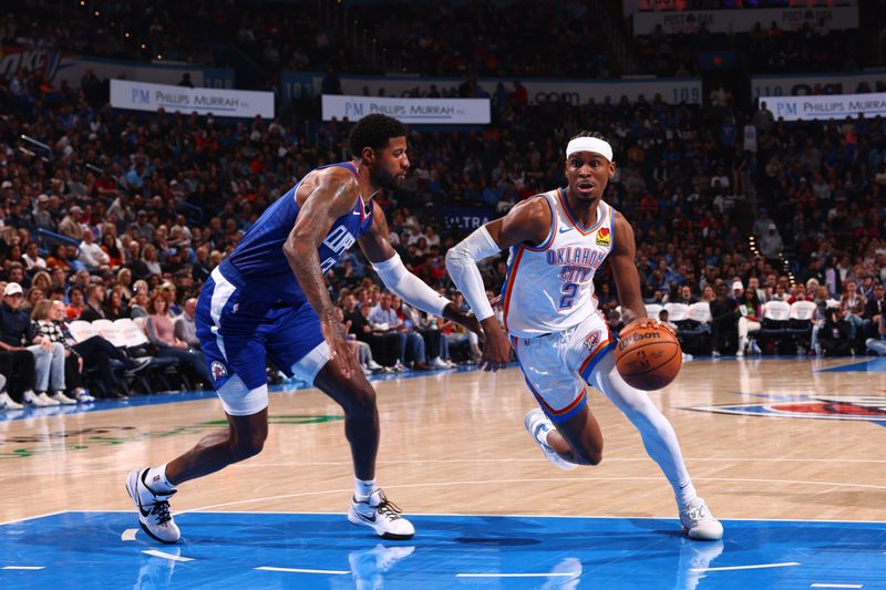 OKLAHOMA CITY, OK - FEBRUARY 22: Shai Gilgeous-Alexander #2 of the Oklahoma City Thunder handles the ball during the game against the LA Clippers on February 22, 2024 at Paycom Arena in Oklahoma City, Oklahoma. NOTE TO USER: User expressly acknowledges and agrees that, by downloading and or using this photograph, User is consenting to the terms and conditions of the Getty Images License Agreement. Mandatory Copyright Notice: Copyright 2024 NBAE (Photo by Zach Beeker/NBAE via Getty Images)