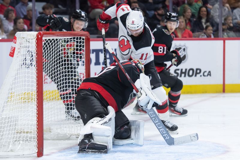 Dec 29, 2023; Ottawa, Ontario, CAN; Ottawa Senators goalie Joonas Korpisalo (70) makes a save on a shot from New Jersey Devils center Chris Tierney (11) in the second period at the Canadian Tire Centre. Mandatory Credit: Marc DesRosiers-USA TODAY Sports