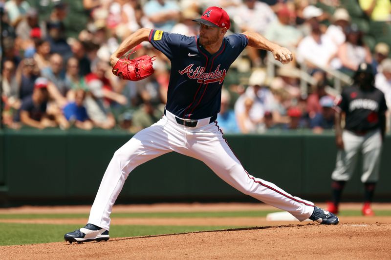 Mar 25, 2024; North Port, Florida, USA; Atlanta Braves starting pitcher Chris Sale (51) throws a pitch during the first inning against the Minnesota Twins at CoolToday Park. Mandatory Credit: Kim Klement Neitzel-USA TODAY Sports