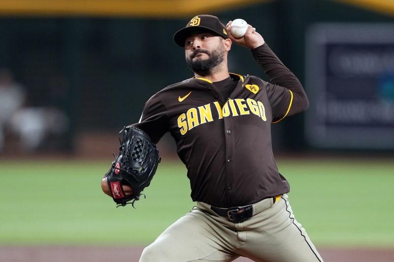 Sep 29, 2024; Phoenix, Arizona, USA; San Diego Padres pitcher Martín Pérez (54) during the first inning at Chase Field. Mandatory Credit: Joe Camporeale-Imagn Images