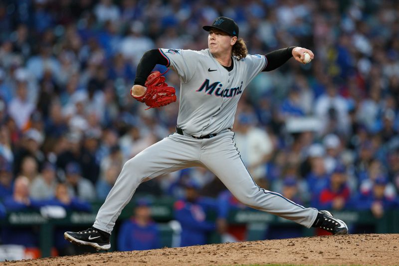 May 14, 2025; Chicago, Illinois, USA; Miami Marlins starting pitcher Ryan Weathers (35) delivers a pitch against the Chicago Cubs during the fourth inning at Wrigley Field. Mandatory Credit: Kamil Krzaczynski-Imagn Images