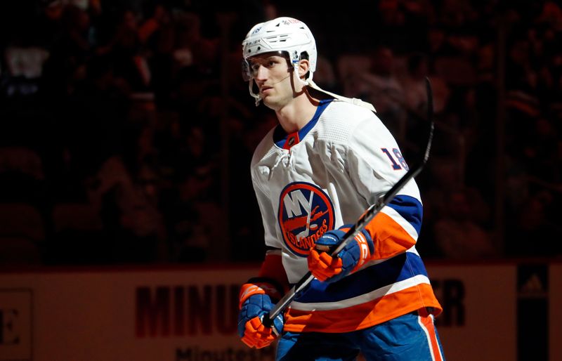 Feb 20, 2024; Pittsburgh, Pennsylvania, USA; New York Islanders left wing Pierre Engvall (18) takes the ice against the Pittsburgh Penguins during the first period at PPG Paints Arena. New York won 5-4 in overtime. Mandatory Credit: Charles LeClaire-USA TODAY Sports