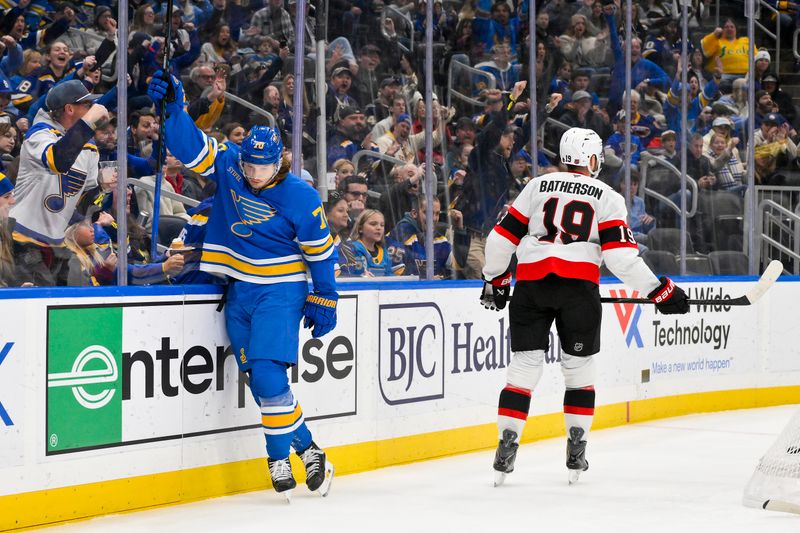Nov 28, 2025; St. Louis, Missouri, USA; St. Louis Blues center Oskar Sundqvist (70) reacts after scoring against the Ottawa Senators during the second period at Enterprise Center. Mandatory Credit: Jeff Curry-Imagn Images