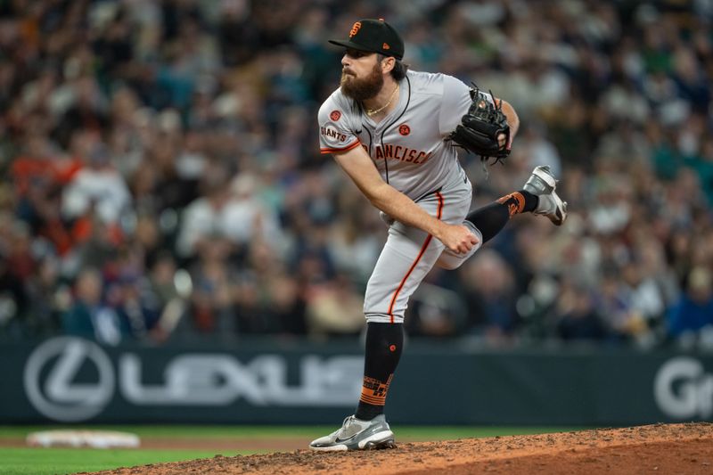 Aug 23, 2024; Seattle, Washington, USA; San Francisco Giants reliever Ryan Walker (74) delivers a pitch during the ninth inning Mariners at T-Mobile Park. Mandatory Credit: Stephen Brashear-USA TODAY Sports