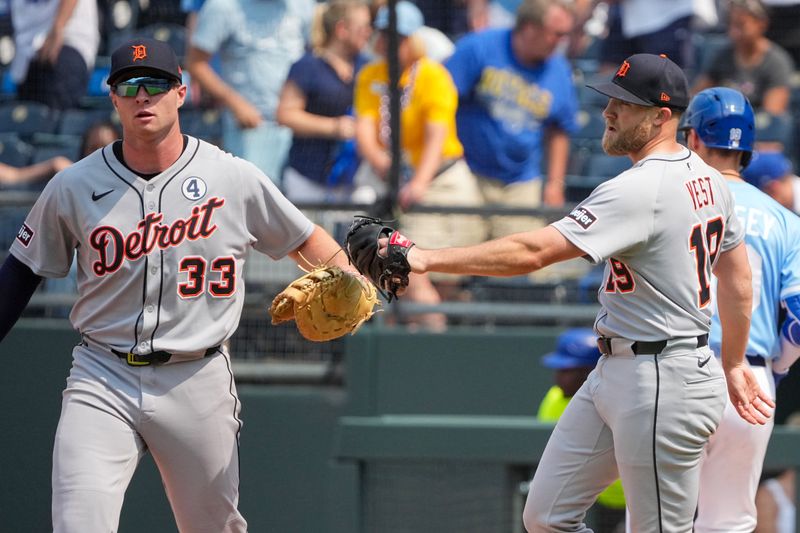 Jun 1, 2025; Kansas City, Missouri, USA; Detroit Tigers relief pitcher Will Vest (19) celebrates with first baseman Colt Keith (33) after the win over the Kansas City Royals at Kauffman Stadium. Mandatory Credit: Denny Medley-Imagn Images