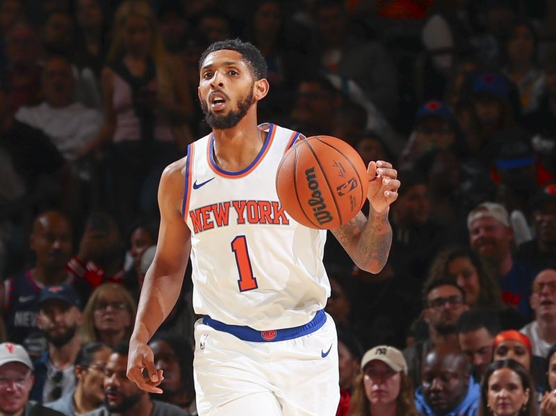 NEW YORK, NY - OCTOBER 13: Cameron Payne #1 of the New York Knicks dribbles the ball during the game on October 13, 2024 at Madison Square Garden in New York City, New York.  NOTE TO USER: User expressly acknowledges and agrees that, by downloading and or using this photograph, User is consenting to the terms and conditions of the Getty Images License Agreement. Mandatory Copyright Notice: Copyright 2024 NBAE  (Photo by David L. Nemec/NBAE via Getty Images)