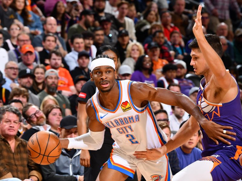 PHOENIX, AZ - MARCH 3: Shai Gilgeous-Alexander #2 of the Oklahoma City Thunder dribbles the ball during the game against the Phoenix Suns on March 3, 2024 at Footprint Center in Phoenix, Arizona. NOTE TO USER: User expressly acknowledges and agrees that, by downloading and or using this photograph, user is consenting to the terms and conditions of the Getty Images License Agreement. Mandatory Copyright Notice: Copyright 2024 NBAE (Photo by Barry Gossage/NBAE via Getty Images)