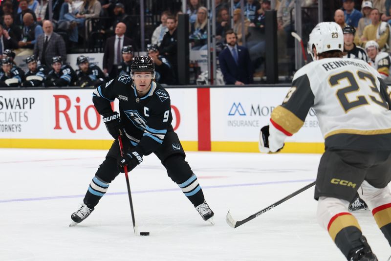 Nov 20, 2025; Salt Lake City, Utah, USA; Utah Mammoth right wing Clayton Keller (9) looks for the play against the Vegas Golden Knights during the first period at Delta Center. Mandatory Credit: Rob Gray-Imagn Images