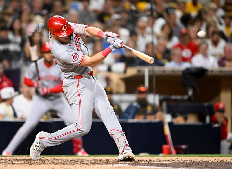 Sep 9, 2025; San Diego, California, USA; Cincinnati Reds catcher Tyler Stephenson (37) hits a two-run home run during the ninth inning against the San Diego Padres at Petco Park. Mandatory Credit: Denis Poroy-Imagn Images