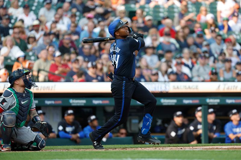 Jul 26, 2024; Detroit, Michigan, USA; Detroit Tigers outfielder Justyn-Henry Malloy (44) looks on as he hits a fly ball in the first inning of the game against the Minnesota Twins at Comerica Park. Mandatory Credit: Brian Bradshaw Sevald-USA TODAY Sports