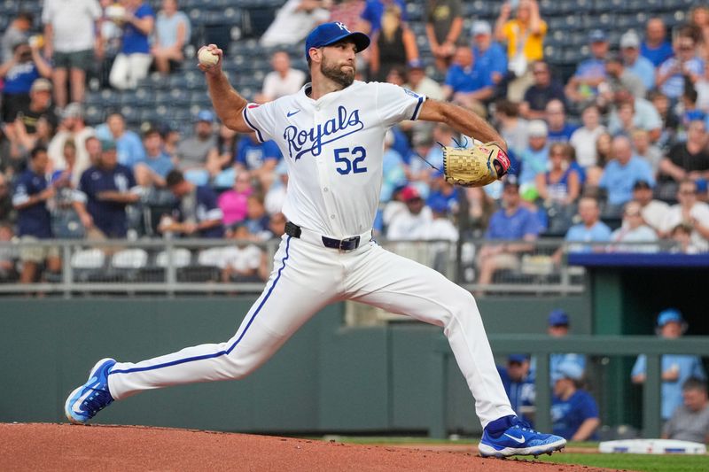 Jul 24, 2024; Kansas City, Missouri, USA; Kansas City Royals pitcher Michael Wacha (52) delivers a pitch against the Arizona Diamondbacks in the first inning at Kauffman Stadium. Mandatory Credit: Denny Medley-USA TODAY Sports