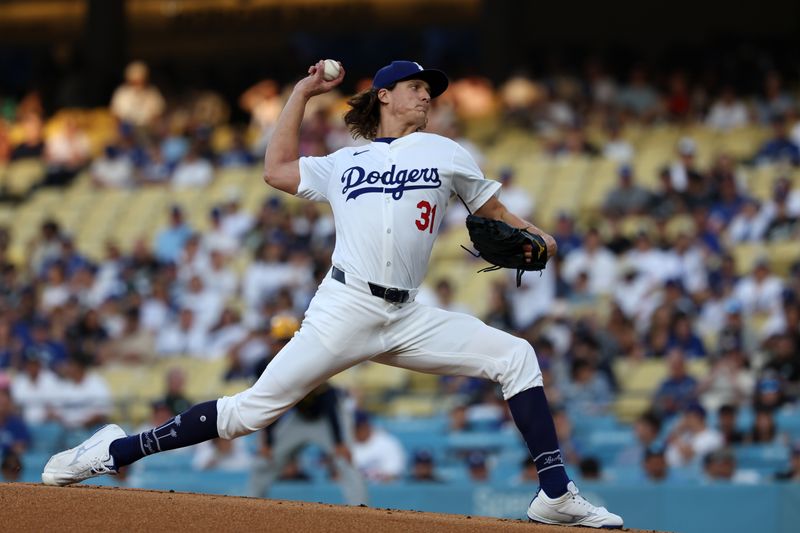 Jul 5, 2024; Los Angeles, California, USA;  Los Angeles Dodgers starting pitcher Tyler Glasnow (31) pitches during the first inning against the Milwaukee Brewers at Dodger Stadium. Mandatory Credit: Kiyoshi Mio-USA TODAY Sports