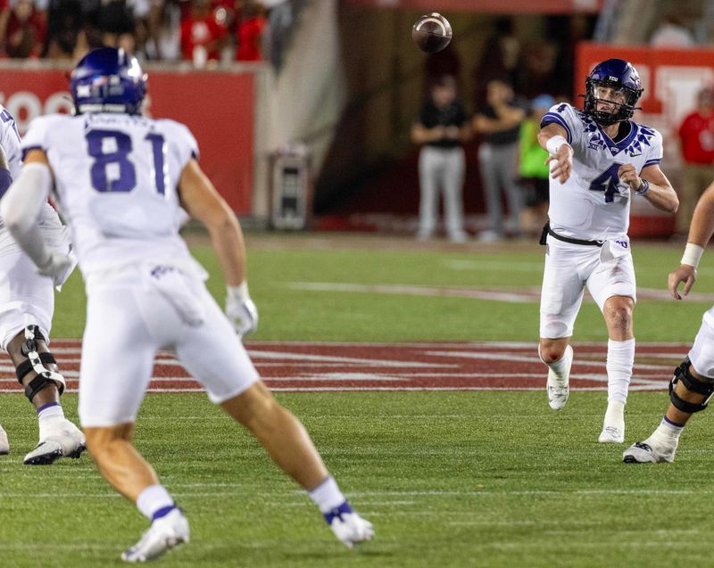 Sep 16, 2023; Houston, Texas, USA; TCU Horned Frogs quarterback Chandler Morris (4) completes a pass to tight end Chase Curtis (81) against the Houston Cougars in the first half at TDECU Stadium. Mandatory Credit: Thomas Shea-USA TODAY Sports