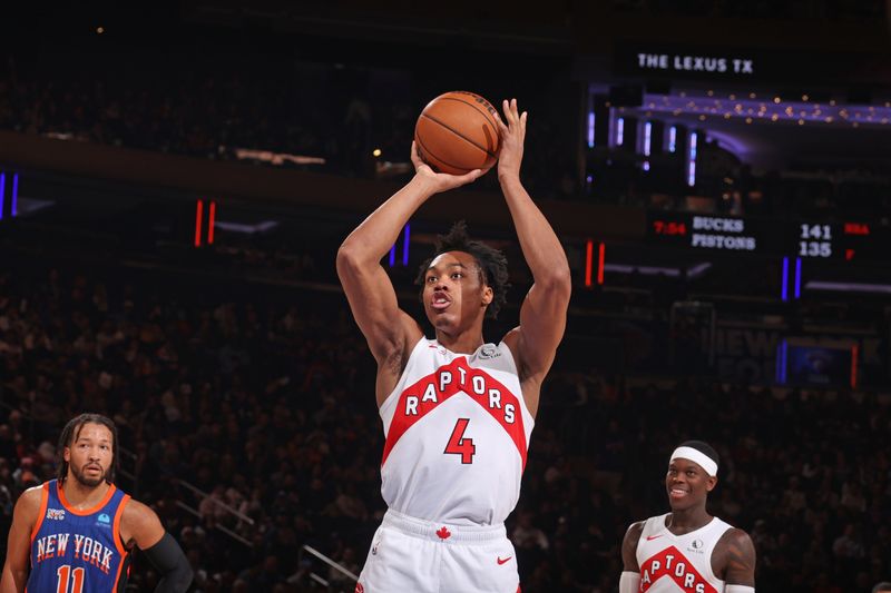 NEW YORK, NY - JANUARY 20: Scottie Barnes #4 of the Toronto Raptors shoots a free throw during the game against the New York Knicks on January 20, 2024 at Madison Square Garden in New York City, New York.  NOTE TO USER: User expressly acknowledges and agrees that, by downloading and or using this photograph, User is consenting to the terms and conditions of the Getty Images License Agreement. Mandatory Copyright Notice: Copyright 2024 NBAE  (Photo by Nathaniel S. Butler/NBAE via Getty Images)