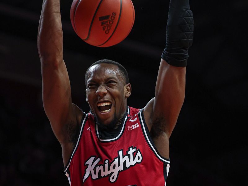 Feb 29, 2024; Piscataway, New Jersey, USA; Rutgers Scarlet Knights forward Aundre Hyatt (5) dunks the ball during the second half against the Michigan Wolverines at Jersey Mike's Arena. Mandatory Credit: Vincent Carchietta-USA TODAY Sports