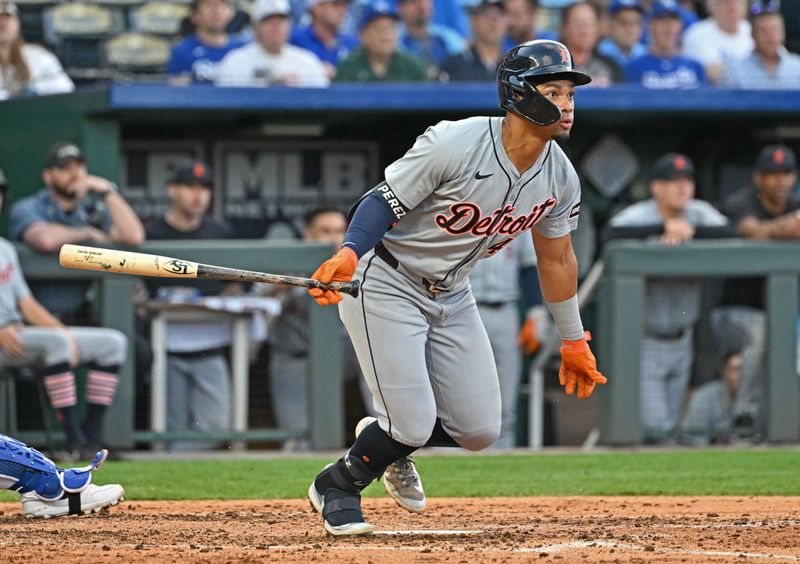 May 21, 2024; Kansas City, Missouri, USA;  Detroit Tigers center fielder Wenceel Perez (46) singles in the fourth inning against the Kansas City Royals at Kauffman Stadium. Mandatory Credit: Peter Aiken-USA TODAY Sports