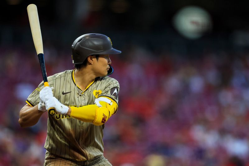 May 21, 2024; Cincinnati, Ohio, USA; San Diego Padres shortstop Ha-Seong Kim (7) at bat during the eighth inning against the Cincinnati Reds at Great American Ball Park. Mandatory Credit: Katie Stratman-USA TODAY Sports