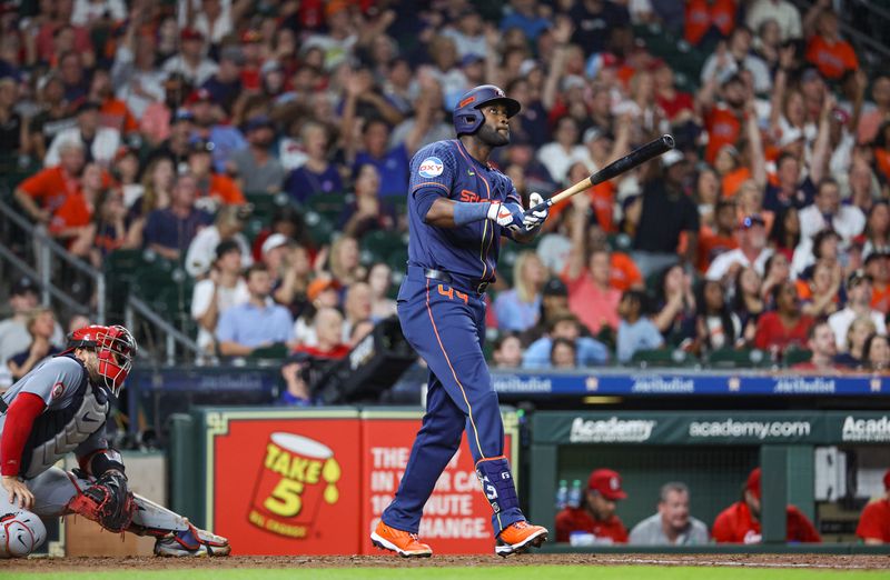 Jun 3, 2024; Houston, Texas, USA; Houston Astros designated hitter Yordan Alvarez (44) hits a home run during the third inning against the St. Louis Cardinals at Minute Maid Park. Mandatory Credit: Troy Taormina-USA TODAY Sports