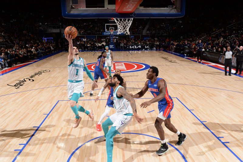 DETROIT, MI - JANUARY 24: LaMelo Ball #1 of the Charlotte Hornets drives to the basket during the game against the Detroit Pistons on January 24, 2024 at Little Caesars Arena in Detroit, Michigan. NOTE TO USER: User expressly acknowledges and agrees that, by downloading and/or using this photograph, User is consenting to the terms and conditions of the Getty Images License Agreement. Mandatory Copyright Notice: Copyright 2024 NBAE (Photo by Chris Schwegler/NBAE via Getty Images)