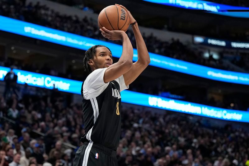 DALLAS, TEXAS - JANUARY 09: Ziaire Williams #8 of the Memphis Grizzlies shoots during the second half against the Dallas Mavericks at American Airlines Center on January 09, 2024 in Dallas, Texas. NOTE TO USER: User expressly acknowledges and agrees that, by downloading and or using this photograph, User is consenting to the terms and conditions of the Getty Images License Agreement. (Photo by Sam Hodde/Getty Images)