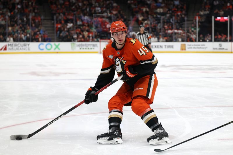 Mar 8, 2026; Anaheim, California, USA;  Anaheim Ducks right wing Beckett Sennecke (45) controls the puck during the second period against the St. Louis Blues at Honda Center. Mandatory Credit: Kiyoshi Mio-Imagn Images