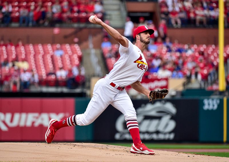 Apr 12, 2022; St. Louis, Missouri, USA;  St. Louis Cardinals starting pitcher Dakota Hudson (43) pitches against the Kansas City Royals during the first inning at Busch Stadium. Mandatory Credit: Jeff Curry-USA TODAY Sports