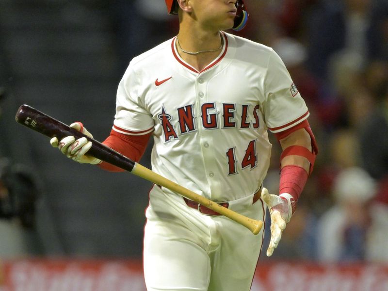 Apr 5, 2025; Anaheim, California, USA;  Los Angeles Angels catcher Logan O'Hoppe (14) watches as the ball clears the wall on a two-run home run in the fifth inning against the Cleveland Guardians at Angel Stadium. Mandatory Credit: Jayne Kamin-Oncea-Imagn Images