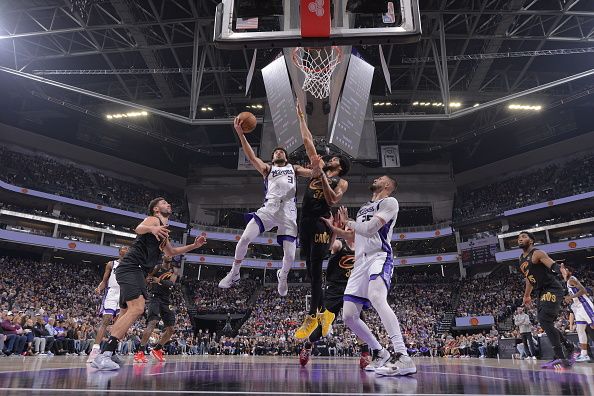 SACRAMENTO, CA - NOVEMBER 13: Chris Duarte #3 of the Sacramento Kings drives to the basket during the game against the Cleveland Cavaliers on November 13, 2023 at Golden 1 Center in Sacramento, California. NOTE TO USER: User expressly acknowledges and agrees that, by downloading and or using this Photograph, user is consenting to the terms and conditions of the Getty Images License Agreement. Mandatory Copyright Notice: Copyright 2023 NBAE (Photo by Rocky Widner/NBAE via Getty Images)