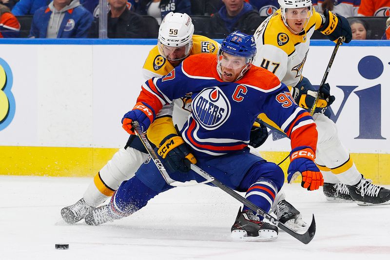 Jan 27, 2024; Edmonton, Alberta, CAN; Nashville Predators defensemen Roman Josi (59) pulls down Edmonton Oilers forward Connor McDavid (97) during the first period at Rogers Place. Mandatory Credit: Perry Nelson-USA TODAY Sports