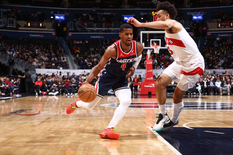 WASHINGTON, DC -? MARCH 23:  Jared Butler #4 of the Washington Wizards goes to the basket during the game on March 23, 2024 at Capital One Arena in Washington, DC. NOTE TO USER: User expressly acknowledges and agrees that, by downloading and or using this Photograph, user is consenting to the terms and conditions of the Getty Images License Agreement. Mandatory Copyright Notice: Copyright 2024 NBAE (Photo by Kenny Giarla/NBAE via Getty Images)