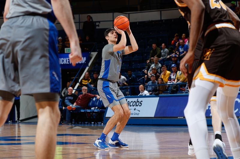 Jan 17, 2023; Colorado Springs, Colorado, USA; Air Force Falcons forward Beau Becker (14) attempts a shot in the second half against the Wyoming Cowboys at Clune Arena. Mandatory Credit: Isaiah J. Downing-USA TODAY Sports