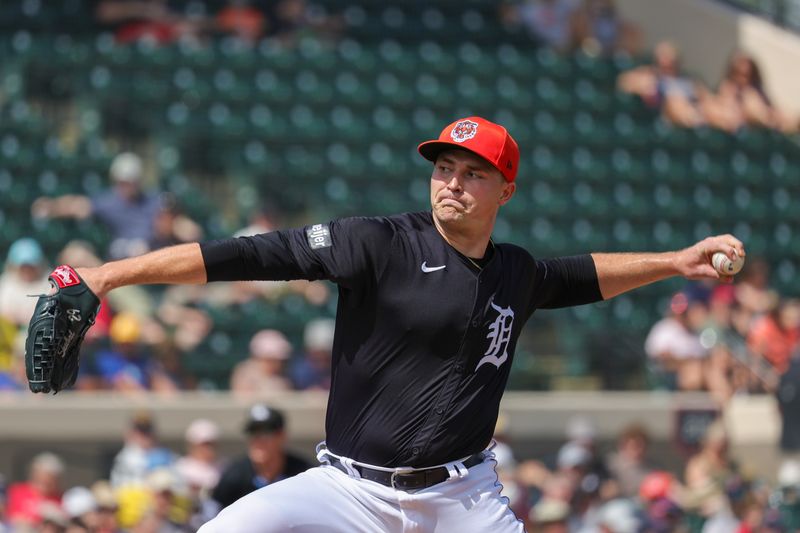 Mar 4, 2024; Lakeland, Florida, USA; Detroit Tigers starting pitcher Tarik Skubal (29) pitches during the first inning against the Boston Red Sox at Publix Field at Joker Marchant Stadium. Mandatory Credit: Mike Watters-USA TODAY Sports