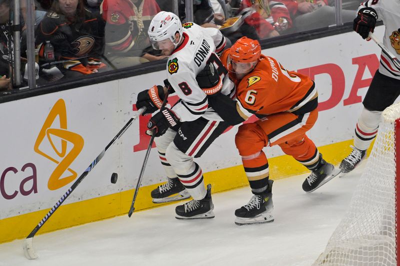 Nov 3, 2024; Anaheim, California, USA;  Chicago Blackhawks center Ryan Donato (8) and Anaheim Ducks defenseman Brian Dumoulin (6) battle along the boards in the first period at Honda Center. Mandatory Credit: Jayne Kamin-Oncea-Imagn Images