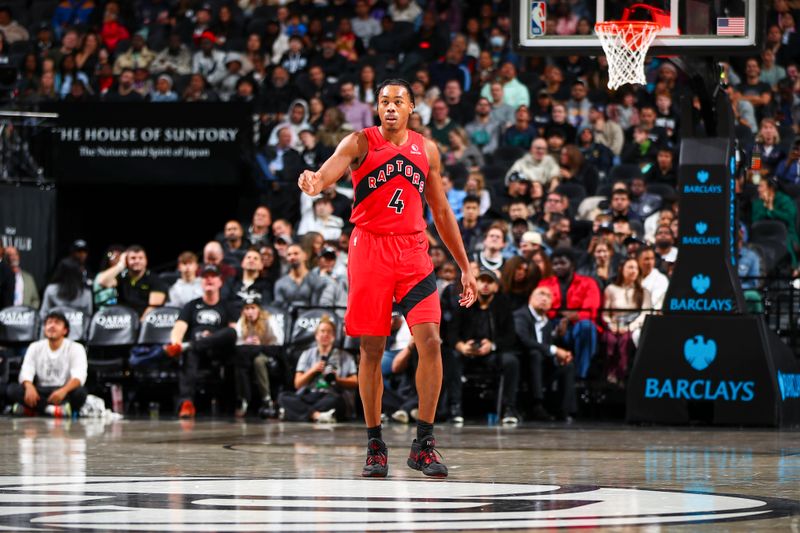 BROOKLYN, NY - OCTOBER 18: Scottie Barnes #4 of the Toronto Raptors looks on during the game on October 18, 2024 at Barclays Center in Brooklyn, New York. NOTE TO USER: User expressly acknowledges and agrees that, by downloading and or using this Photograph, user is consenting to the terms and conditions of the Getty Images License Agreement. Mandatory Copyright Notice: Copyright 2024 NBAE (Photo by David L. Nemec/NBAE via Getty Images)