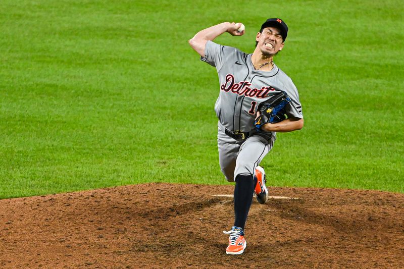 Sep 20, 2024; Baltimore, Maryland, USA; Detroit Tigers pitcher Kenta Maeda (18) throws a eighth inning pitch against the Baltimore Orioles  at Oriole Park at Camden Yards. Mandatory Credit: Tommy Gilligan-Imagn Images