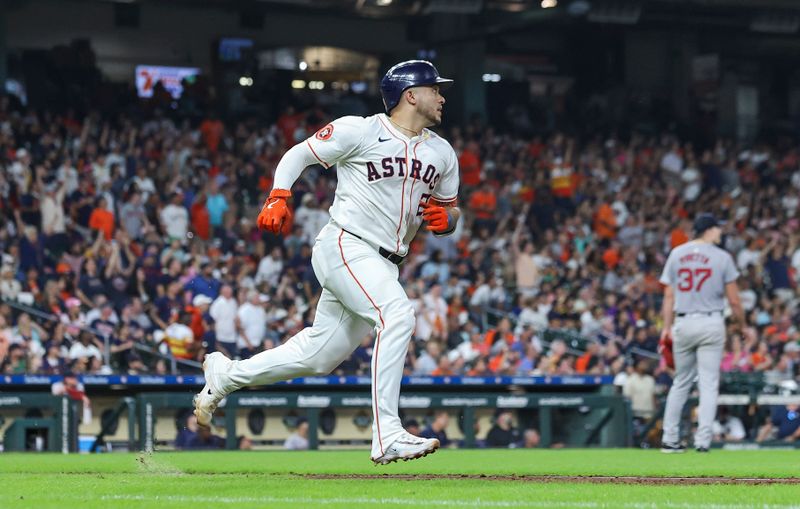 Aug 20, 2024; Houston, Texas, USA; Boston Red Sox starting pitcher Nick Pivetta (37) reacts and Houston Astros catcher Yainer Diaz (21) rounds the bases after hitting a home run during the fifth inning at Minute Maid Park. Mandatory Credit: Troy Taormina-USA TODAY Sports