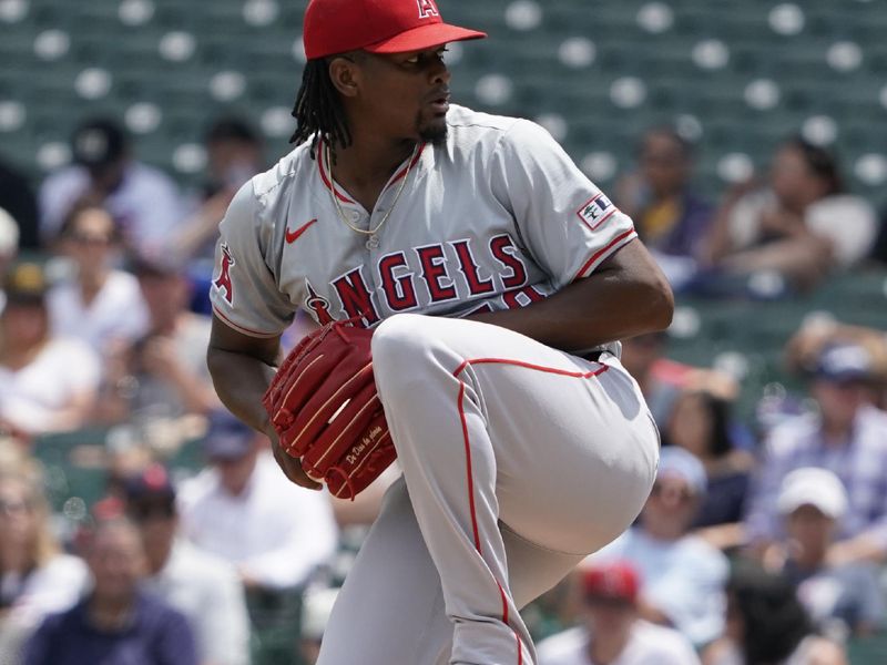 Jul 7, 2024; Chicago, Illinois, USA; Los Angeles Angels pitcher José Soriano (59) throws the ball against the Chicago Cubs during the first inning at Wrigley Field. Mandatory Credit: David Banks-USA TODAY Sports